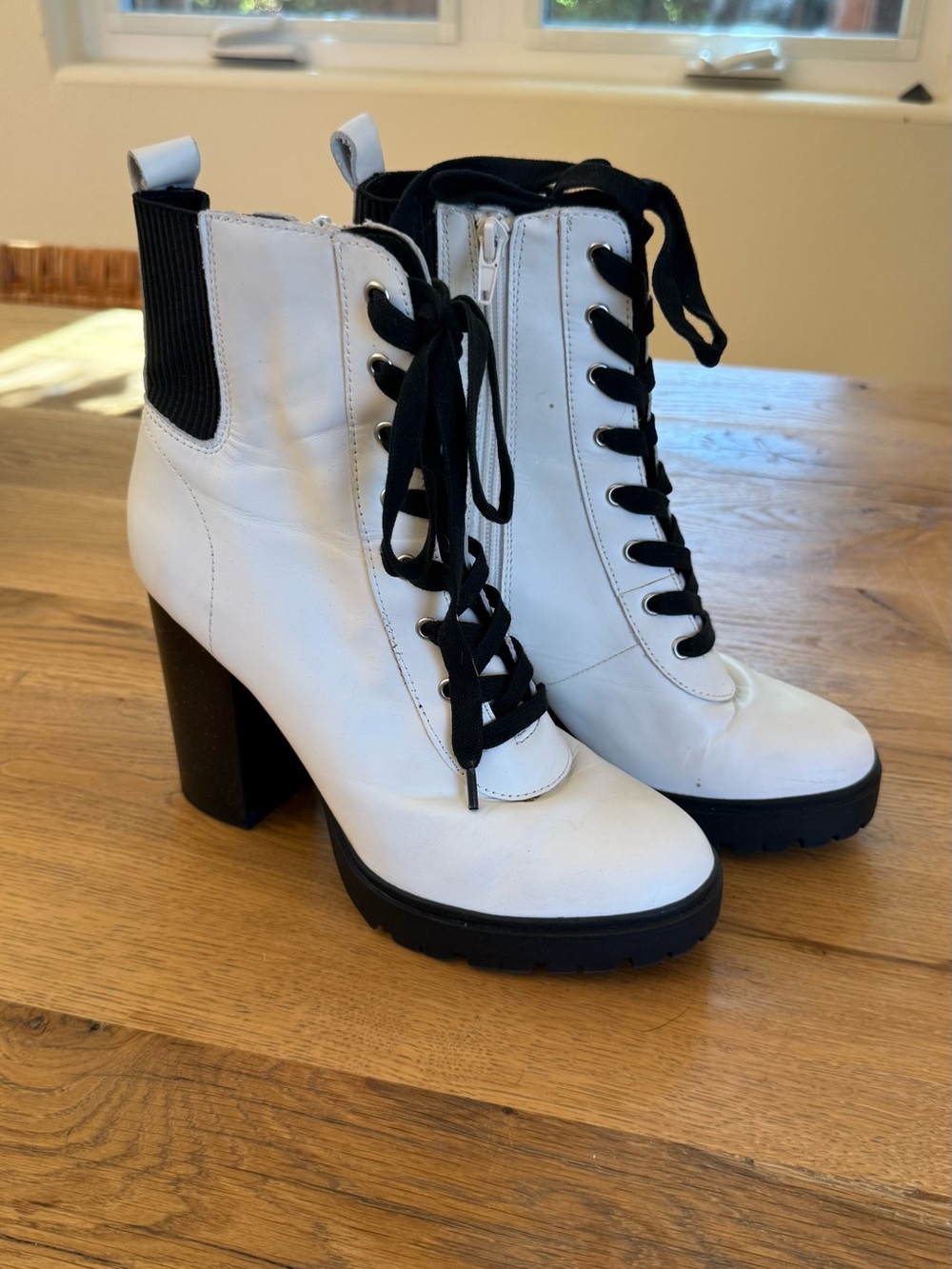 Steve Madden White Lace-Up Block Heel Ankle Boots with Black Trim
